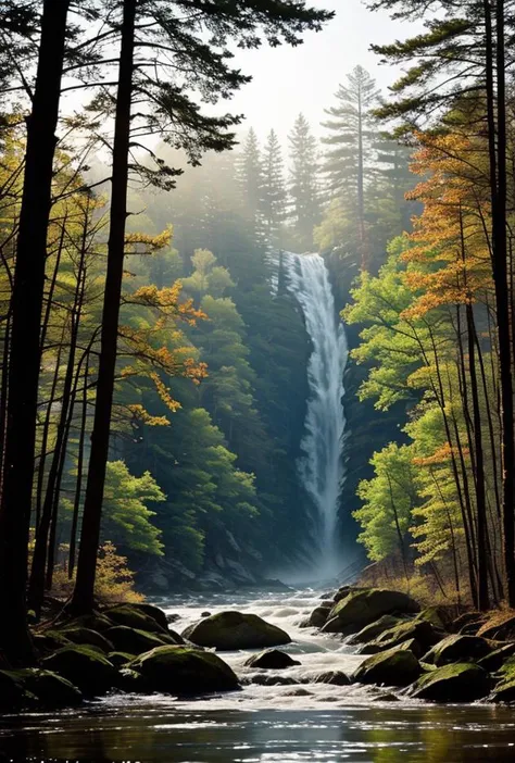 a view of a waterfall in the middle of a forest