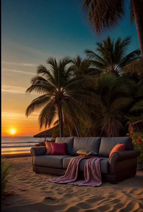 arafed couch on the beach with palm trees and a blanket