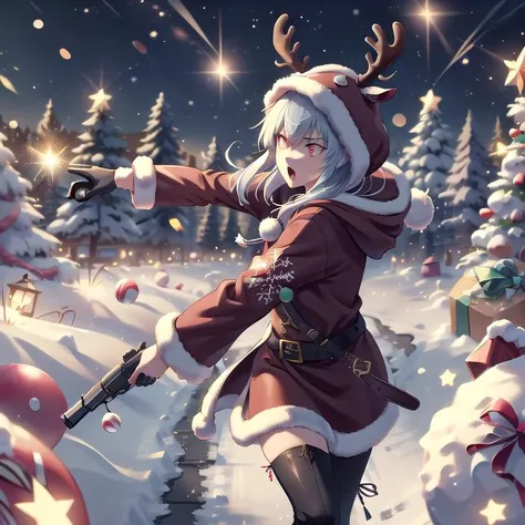 (red:1.2), 1girl, adult woman wearing a reindeer costume with the hood up, running through a christmas battlefield while carrying a gun made of candy, candy dagger, winter, tinsel, holly, candy canes, gingerbread, from the side, close up, motion blur, moti...