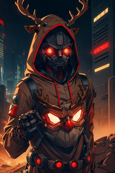 a man in a hoodie with red eyes and horns on his head