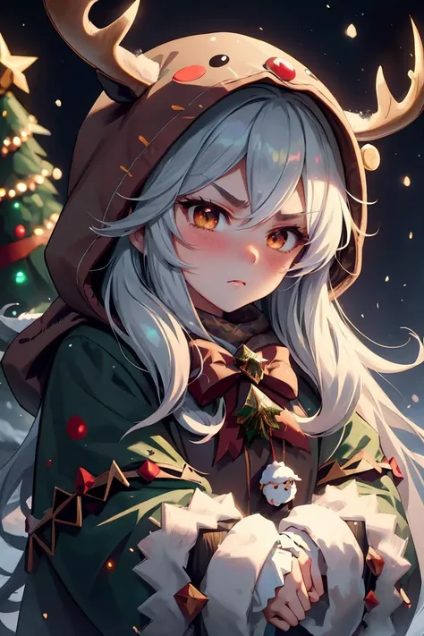 a girl with long white hair and a reindeer hat holding a white cat