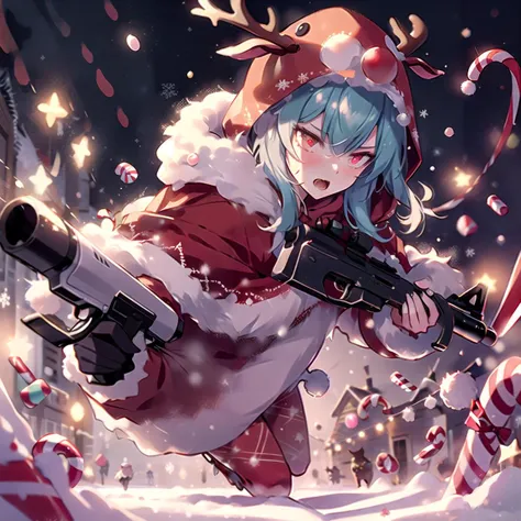 (red:1.2), 1girl, sexy woman wearing a reindeer costume with the hood up, running through a christmas battlefield while carrying a gun made of candy, candy dagger, winter, tinsel, holly, candy canes, gingerbread, from the side, close up, motion blur, motio...