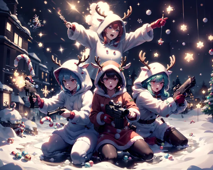 (red:1.2), 3girls, (an elite combat squad wearing reindeer costume, hood up, antlers), action, movement, dynamic, combat pose, warzone, holding a gun, <lora:reindeer-outfit-richy-v1:0.8>, <lora:BetterGuns-V1:0.4>, candymagic, candy canes, sugar, vibrant, s...