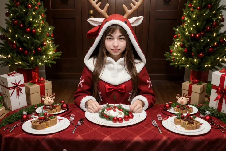 araffe dressed in a santa outfit sitting at a table with plates of food