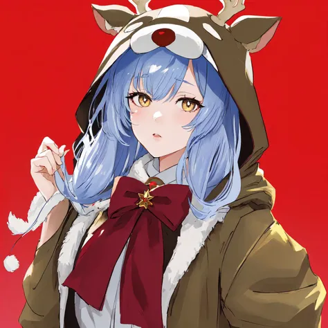 anime girl with blue hair wearing a reindeer costume and a red bow