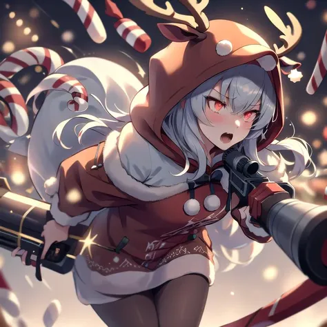 (red:1.2), 1girl, sexy woman wearing a reindeer costume with the hood up, running through a christmas battlefield while carrying a gun made of candy, candy dagger, winter, tinsel, holly, candy canes, gingerbread, from the side, close up, motion blur, motio...