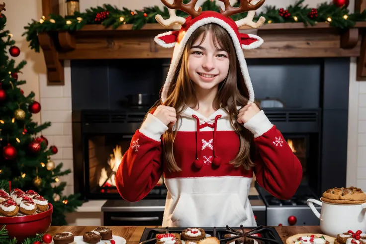 araffe girl in a reindeer hat posing in front of a table of cookies