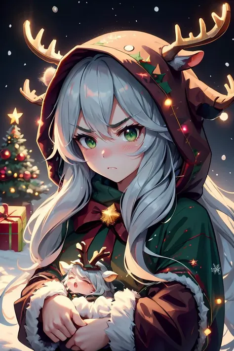 a girl with long hair and a reindeer hat holding a small white dog