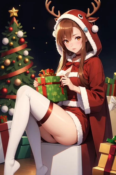 masterpiece, best quality, highres, absurdres, ultra detailed,
<lora:asuna:0.8>, asuna, asuna (sao), orange eyes, reindeer costume, hood up, ((white thigh high)), ((carrying red gift box))
standing, harbor , christmas deco,  <lora:reindeer-outfit-richy-v1:...