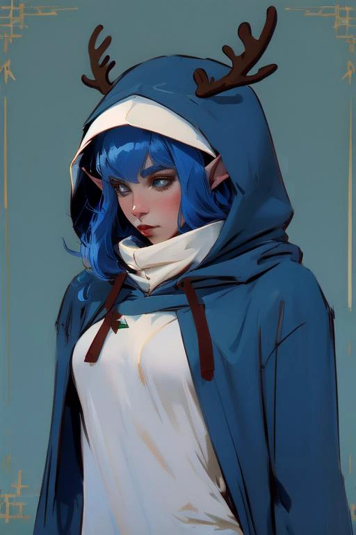 an elf girl in a <lora:reindeer-outfit-richy-v1:1> reindeer costume, hood up, blue colored costume, pointy ears, through the hood <lora:ears_slider_v10:-2>