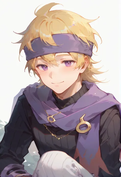 score_9, score_8_up, score_7_up, solo, looking at viewer, 1boy, blonde hair, purple eyes, purple headband, purple scarf, black s...