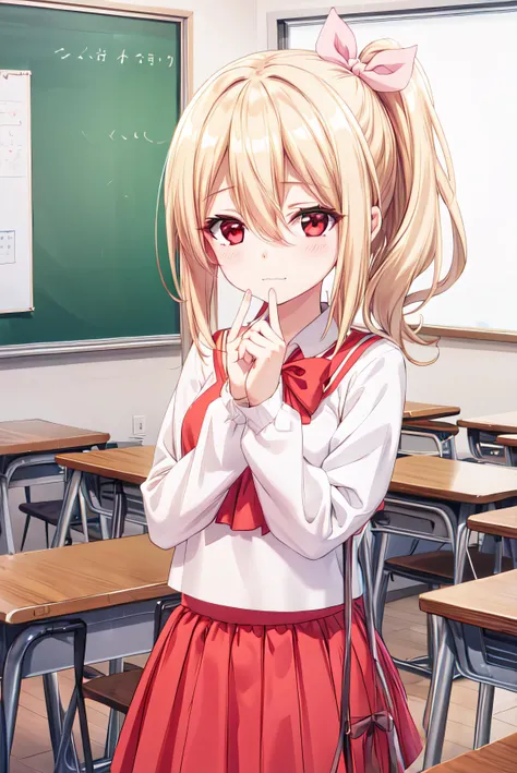 <lora:add_detail:0.5>,masterpiece,best quality,highres,1girl,classroom,looking at viewer,<lora:bofuri frederica s2-lora-nochekaiser:0.7>,frederica,long hair,bangs,blonde hair,(red eyes:1.3),bow,hair between eyes,hair bow,ponytail,side ponytail,serafuku,ski...