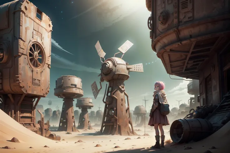 a woman standing in front of a futuristic city with a giant robot