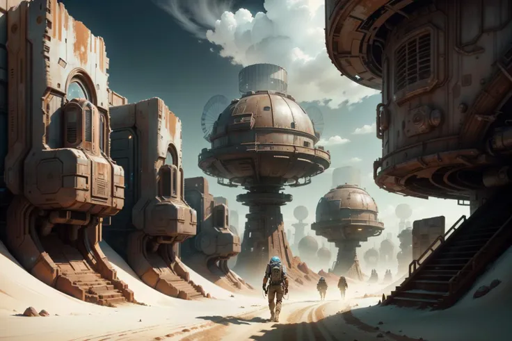 a man walking through a desert with a futuristic city in the background