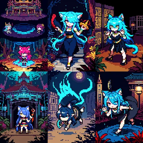 a group of pixel art images of a woman and two cats