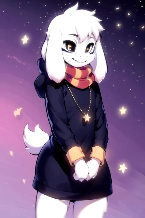 1girl <lora:asriel-30:1>, solo, kid, stand, night, stars, simple background, white eyes, black sclera, scarf, winter, hoody, skirt