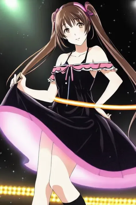 ((best quality)), ((masterpiece)), ((realistic)), (anime), 1woman, twin tails, brown eyes, glowing eyes, idol dress, photorealistic,  soft lips, head tilted, stage, spotlights, glow sticks,