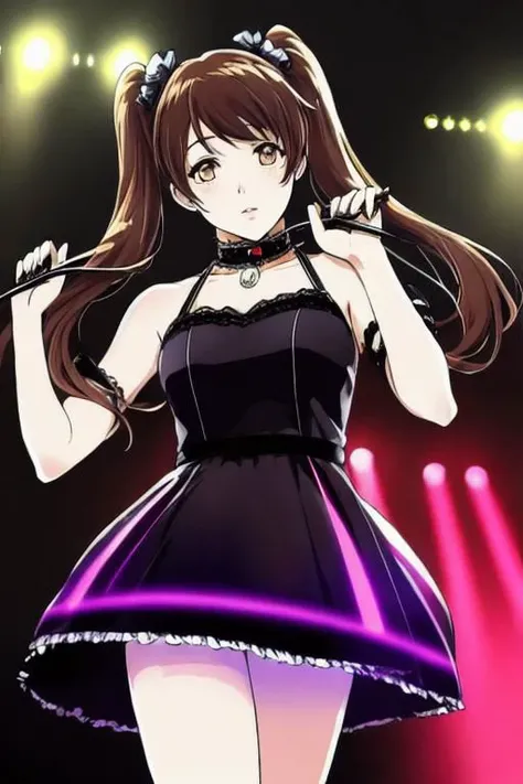 ((best quality)), ((masterpiece)), ((realistic)), (anime), 1woman, twin tails, brown eyes, glowing eyes, idol dress, photorealistic,  soft lips, head tilted, stage, spotlights, glow sticks,