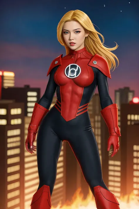 masterpiece, best quality, 1girl, Honey blonde hair, black eyes, red lantern costume, cityscape background <lora:Red Lantern Costume_v1:1>