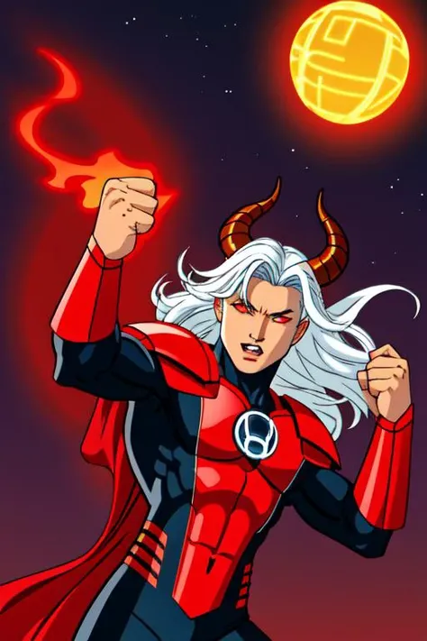 masterpiece, best quality, 1boy, tiefling white hair, long hair, (horns:1.1), glowing eyes, red lantern costume, detailed face and eyes, closed fist, energy, 
BREAK, cityscape background, 
<lora:Red Lantern Costume_v1:1>