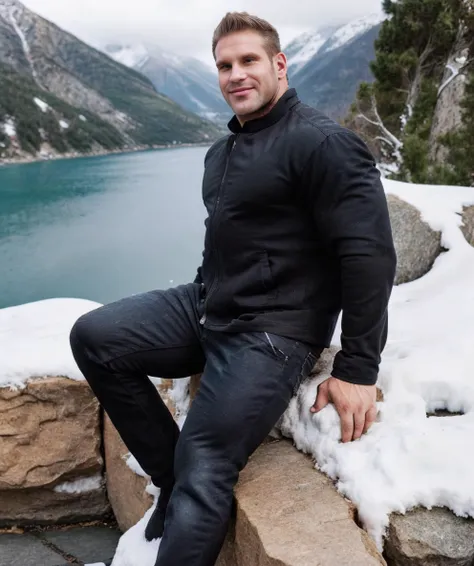 (jay_cutler_bodybuilder), looking at viewer, black bomber jacket, black jeans, sitting on rocks, mountain, smiling, short hair, looking at sky, winter, snow <lora:Jay_Cutler:0.85>