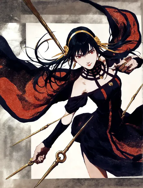 anime girl with long black hair and red cape holding a sword