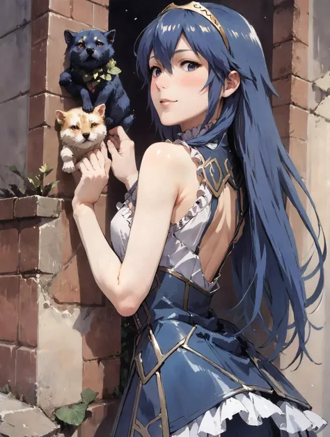 anime girl with blue hair and a cat in her hand