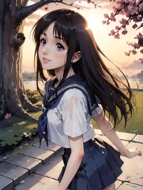 anime girl with long hair walking on a path near a tree