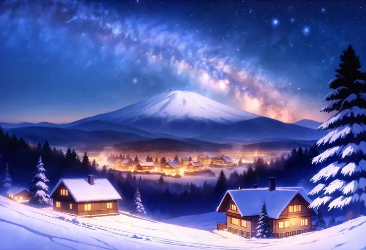 snowy night scene with a mountain and a village in the distance