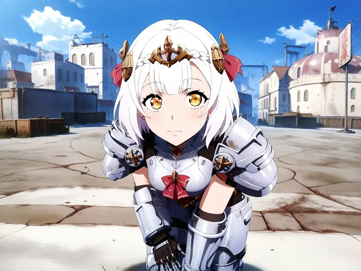 anime character with white hair and armor standing in front of a city