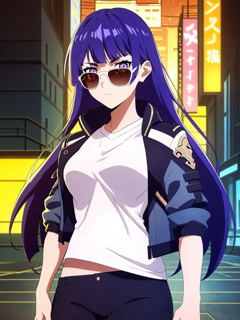 a woman with long purple hair and sunglasses standing in a city