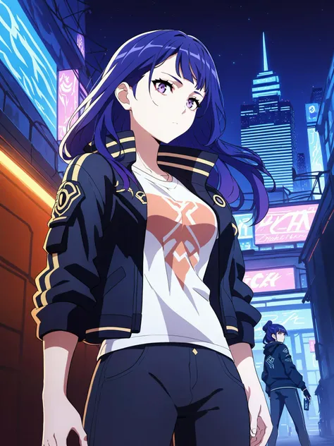 score_9,score_8_up,score_7_up,score_6_up,source_anime,<lora:MeMaHadrian>,cyberpunk,city, front view,(night), detal background,purple eyes,medium breasts,serious,expressionless,long hair,raiden genshin impact,jacket,pants,neon,t-shirt