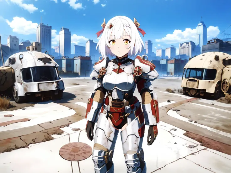 score_9,score_8_up,score_7_up,score_6_up,source_anime,<lora:MeMaHadrian>,front view,looking at viewer,post apocalypse, city,1girl,solo,yellow eyes,medium breasts,short hair,white hair,shiny skin, noelle genshin impact,fallout,power armor, red white armor,m...