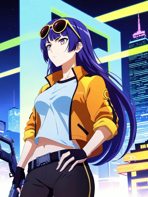 score_9,score_8_up,score_7_up,score_6_up,source_anime,<lora:MeMaHadrian>,cyberpunk,city, front view,(night), detal background,medium breasts,serious,expressionless,very long hair,raiden genshin impact,jacket,pants,neon,t-shirt,sunglasses, glow,implants, gu...