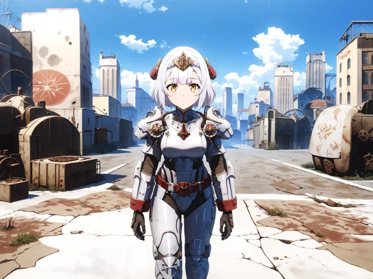 score_9,score_8_up,score_7_up,score_6_up,source_anime,<lora:MeMaHadrian>,front view,looking at viewer,post apocalypse, city,1girl,solo,standing,yellow eyes,medium breasts,short hair,white hair,shiny skin, noelle genshin impact,fallout,power armor,military,...