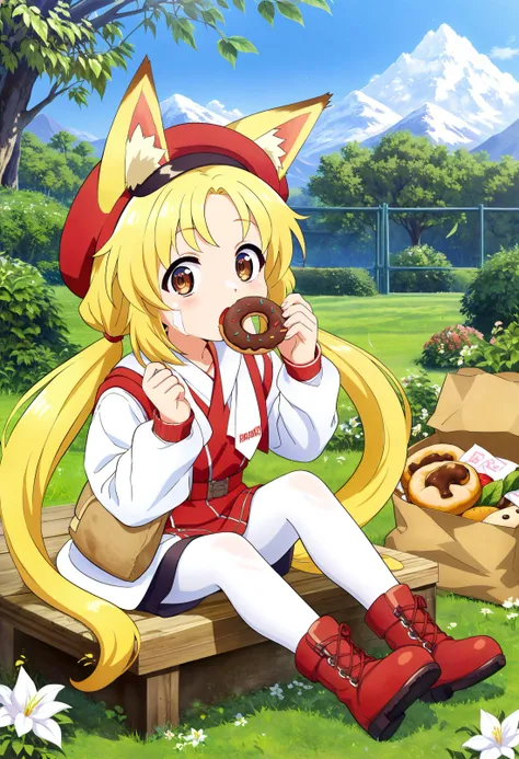 anime girl sitting on a bench eating a donut