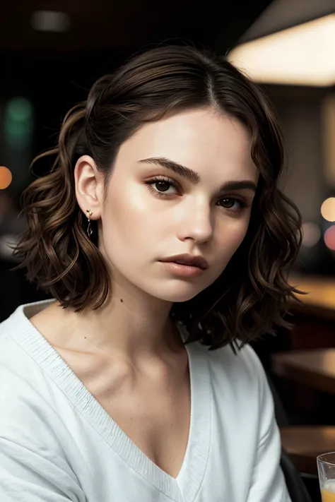 (geometric design, sharp angles, bold colors, clean lines:1.15), (eye level, headshot:1.2) of <lora:sd15_LilyJames_locon_64_v1-000016:1> LilyJames, she is wearing pullover , her hair is styled as Ringlet Curls, BREAK she is (sitting at an upscale bar:1.1),...