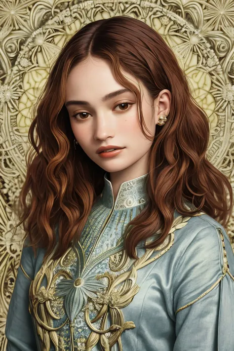 (style of Ernst Haeckel:1.15), close range of <lora:sd15_LilyJames_locon_64_v1-000016:1> LilyJames, focus on smiling face, wearing a thin sweater , her sage color hair is styled as curly layers hair,