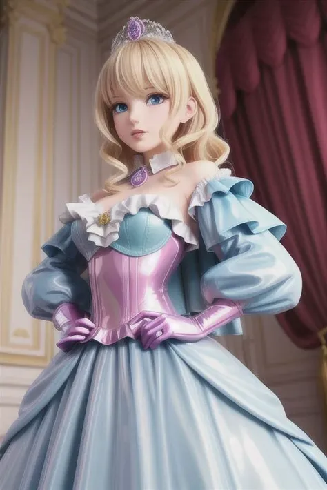 blonde evil corrupted young princess wearing dark pastel (ruffled:1) (gleaming latex:1) gown with (long latex cape:1) and latex elbow bridal gauntlets, (Perfect Face:1), soft lighting, glossy red lips, ruffles