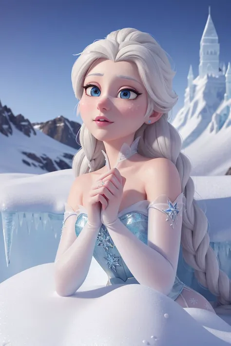 masterpiece, best quality, absurd res, maximum detail, intricate detail, extremely clear, lovely cute adorable (elsa (frozen)), character focus, sharp focus, (skin texture, skin pores:1.2), (on a snowy mountain top with an ice castle in background, detaile...