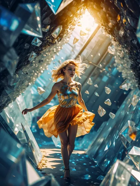 masterpiece, best quality, highly detailed, (colorful crystal cave:1.1),  1girl,  floating, slight smile, <lora:ä¹ç« äºé¨æ²-å° Five movements - IceV2:0.8> nvshen, glass,broken glass,sunlight,