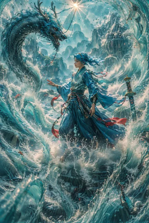 a woman in a blue dress is standing on a wave with a dragon