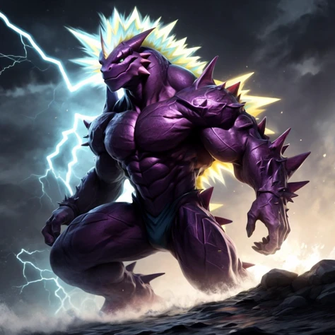 a purple and yellow monster with spikes on his head and lightning in the background