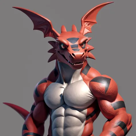 a close up of a red and black dragon with a white chest