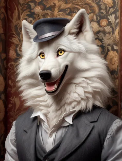 victorian art, portrait, clothed (white wolf:1.3), yellow eyes, fluffy fur, cheek tuft, chest tuft, facial tuft, wearing fancy vest, smile, shirt, hat, tonge out, (happy, open smile room:1.2)