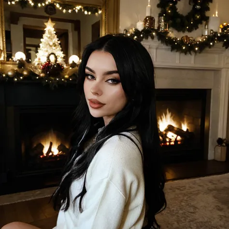 araffe woman sitting in front of a fireplace with a christmas tree