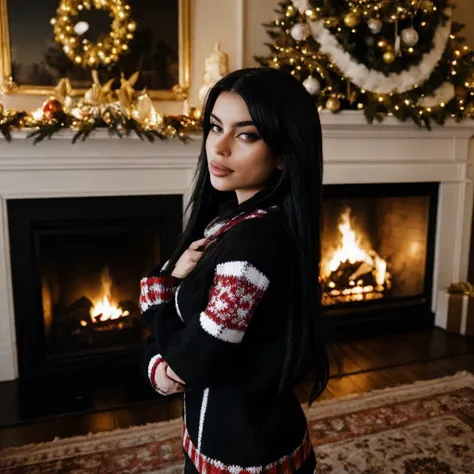 araffe woman in a sweater and sweater standing in front of a fireplace