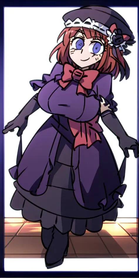 <lora:helltaker-c2:1>,helltaker,<lora:EvaBeatrice:1>, eva beatrice, blue eyes, medium hair, bowtie, purple dress, floor-length dress, elbow gloves, frills, hat, purple cloak, red ribbon,(black boots:0.5),(gigantic breasts:1),smug face,<lora:SweaterBreasts:...