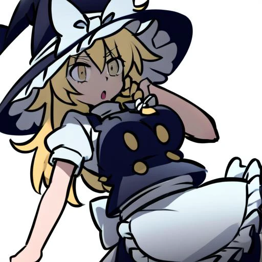 <lora:helltaker-c2:1>,helltaker,<lora:marisa:1>,kirisame marisa,1girl, blonde hair, witch hat, yellow eyes, long hair, vest,apron, bow, short sleeves, hat bow, braid, puffy sleeves, skirt
BREAK
(white background, simple background:1),(gigantic breasts:1)