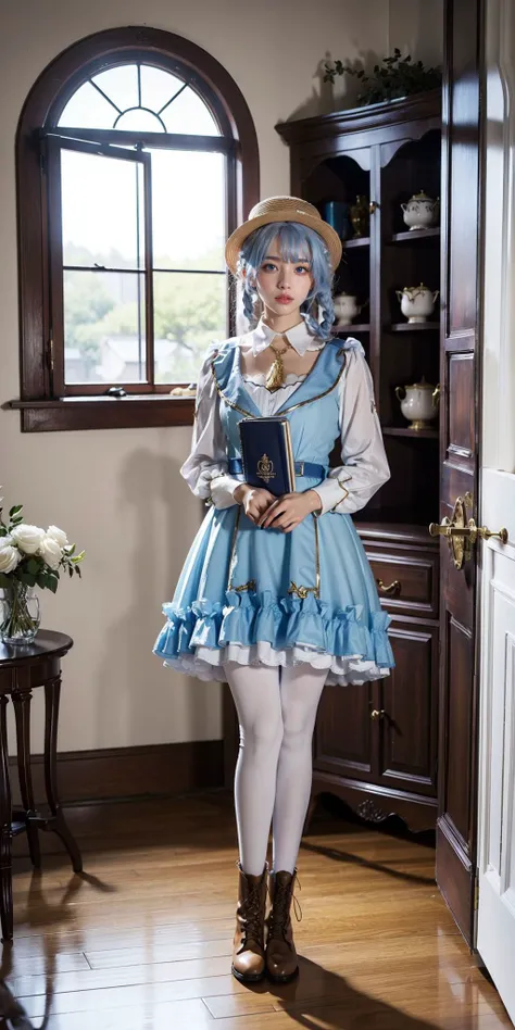 <lora:ayaka:0.6>,kamisato_ayaka,1girl,hat,blue hair, braid, blue eyes, white pantyhose, brown boots, (standing naturally with no pose:1.5), full body, blue dress, indoors, decorations, doors, chandelier, book shelf, window